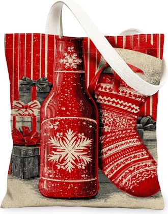 Generic Christmas Vintage Tote Bags, Holiday Stocking and Bottle Pattern Reusable Canvas Bags, Lightweight Washable Shoulder Strap Tote for Shopping Outdoor T