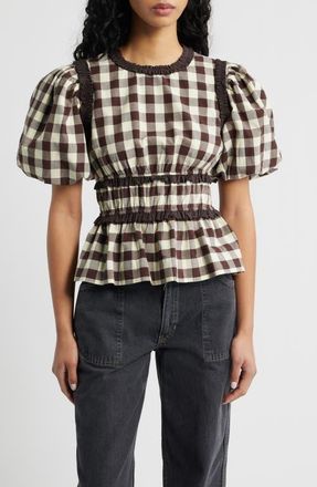 Damson Madder Everly Ruffle Puff Sleeve Peplum Top in Butter at Nordstrom, Size 12 Us