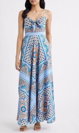 Eliza J Tie Front Maxi Sundress in Blue Multi at Nordstrom, Size 12