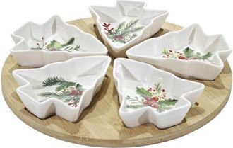 Trade Shop Trade Shop - Apretable Con La Bandeja De Base De Bamb&uacute; 5 Tazones En Gres En Forma De &Aacute;rbol De Navidad