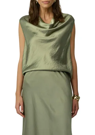 s.Oliver Black Label Shirttop S.OLIVER BLACK LABEL, Damen, Gr. 44, gr&uuml;n (golden gr&uuml;n), Web, Obermaterial: 64% Viskose, 36% Polyester, unifarben, h&uuml;ftbedeckend, Rundhals, T