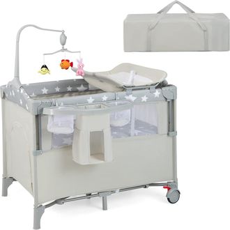 Costway Costway - Cuna De Viaje Para Beb&eacute; Cambiador,cama De 2 Niveles Con Juguetes Colgando,caja De M&uacute;sica, Colch&oacute;n Y Bolsa De Transporte (beige)