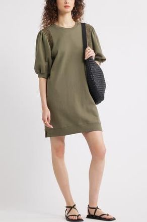 Treasure & Bond Lace Inset Puff Sleeve Cotton Blend Sweatshirt Dress in Olive Kalamata at Nordstrom Rack, Size Small