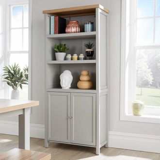 Home Source Industries Oak Tall Display Bookcase 3 Shelf 2 Door Storage Cupboard 36mm Top in Grey