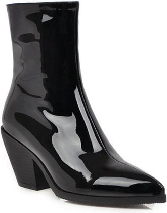 Generic Womens Patent Leather Pointed Toe Cowboy Boots,Mid-Calf Western Style with Block Heel for Work & Casual,Black,1.5 UK