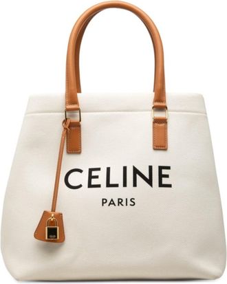 Celine Brown White Canvas Leather Tote Bag (Pre-Owned)