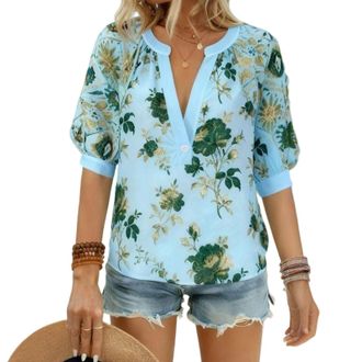 Generic Shirts for Women UK Womens Tops Casual Plus Size Button V Neck Shirts Fashion Short Sleeve Floral Printed Boho Tshirts Loose Fit Spring Summer Beach B
