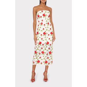 Milly Kait Embroidered Strapless Midi Dress in White/Red/Green at Nordstrom, Size 10