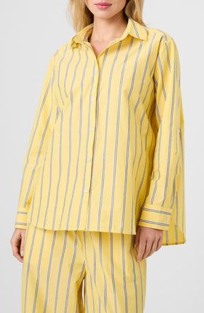 French Connection Rhodes Stripe Poplin Button-Up Shirt in Daisy Yellow Multi at Nordstrom, Size X-Small