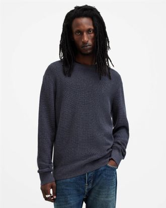 AllSaints Cotton Aspen Waffle Texture Crew Neck Ramskull Jumper, Size: XXL