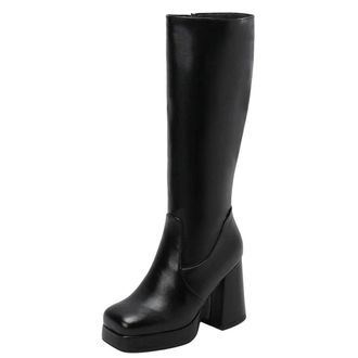 Generic Women Knee High Platform Boots Thick Heel Side Zipper Pu Leather Winter Elegant Party Long Boot