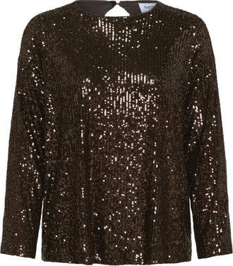 Saint Tropez Overhemden, Dames, Bruin, XS, Pailletten, Pailletblouse R-Neck in Mulch