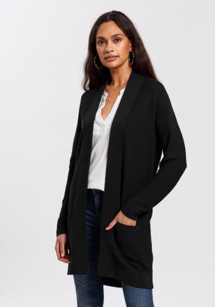 Tom Tailor Longstrickjacke TOM TAILOR, Damen, Gr. XS (34), schwarz, Strick, Obermaterial: 100% Baumwolle, unifarben, figurumspielend Po-bedeckend, V-Ausschnitt, 