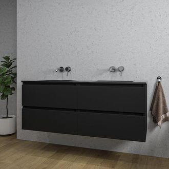 Saniclass Chaci Badkamermeubelset - 140x46x55cm - keramische wastafel zwart - 2 wasbakken - zonder kraangaten - 4 lades - mat zwart