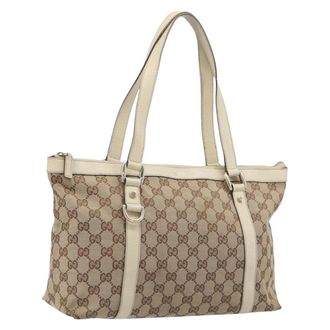 Gucci Abbey Zip Tote Gg Canvas And Leather Beige Canvas Handbag (Pre-Owned)