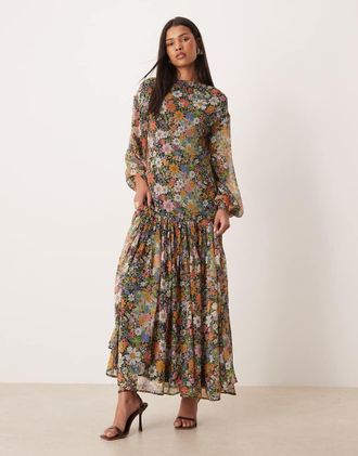 Asos Vestito lungo in chiffon nero a fiori con scollo a barchetta e godet-Multicolore