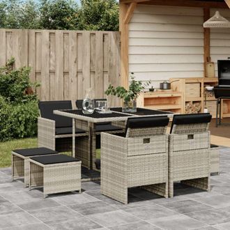 vidaXL Vidaxl - Set Comedor De Jard&iacute;n 9 Pzas Cojines Rat&aacute;n Sint&eacute;tico Gris Claro