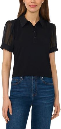 CeCe by Cynthia Steffe Scallop Trim Puff Sleeve Polo in Rich Black at Nordstrom, Size Small