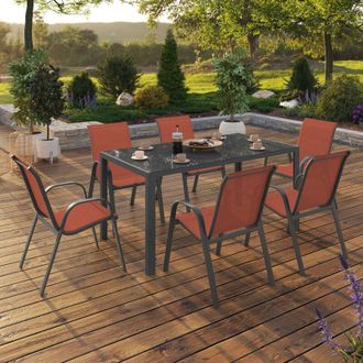 IDMarket Conjunto De Muebles De Jard&iacute;n Madrid Mesa 150 Cm Y 6 Sillas Apilables Terracota