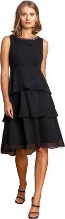 Roman Womens Tiered Embellished Neck Chiffon Dress - Black - Size 18 UK