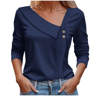 Generic 2025 Casual T Shirts Fitted Loose Tunnic Basic Tee Asymmetrical Neck Tops for Women Long Sleeve Button Collared V Neck Blouses 2024 Fashion Work Casua