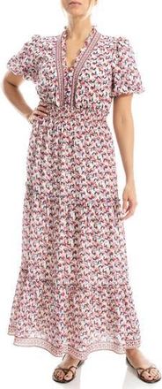 Max Studio V-Neck Short Sleeve Tiered Maxi Dress in Ivory/Red/Green at Nordstrom Rack, Size X-Small