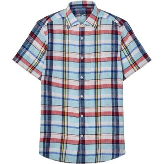 Robert Talbott Morgan Plaid Linen Short Sleeve Shirt in Aqua Multi at Nordstrom, Size Large