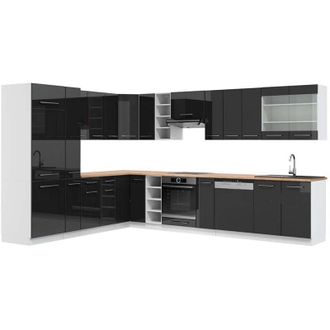 Vicco Cocina Esquinera Fame-line, Antracita Brillo Intenso/blanco, 347 X 257 Cm, Et Roble