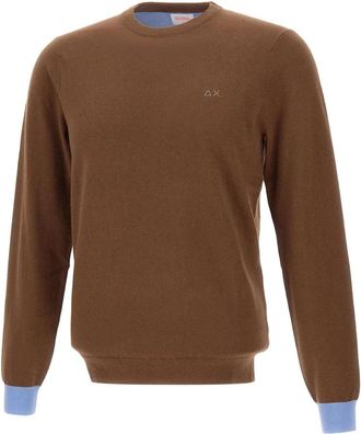 Sun 68 Wollen trui met katoen - Heren - Ronde hals truien - Bruin - 2XL - Katoen - Truien & Vesten