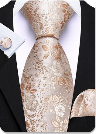 Barry.Wang Floral Ties Set Mens Silk Necktie Champagne Pocket Square Cufflinks for Formal Wedding Business