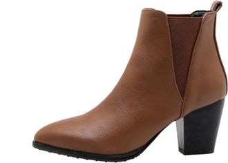 Generic Womens Pointed Toe Block Heel Ankle Boots with Elastic Panels, Fit Chelsea-Style for Daily & Office Wear,Brown,5.5 UK