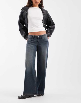 Hollister jeans baggy a vita bassissima con dettaglio regolabile lavaggio blu scuro