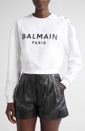 Balmain Crop Logo Graphic Sweatshirt in Gab White/Blk at Nordstrom, Size X-Small