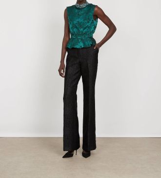 Saloni Embossed Floral Satin Top In Dark Emerald