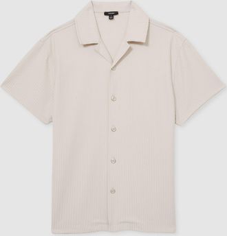 Reiss Champagne Textured-knit Cuban-collar Shirt, M