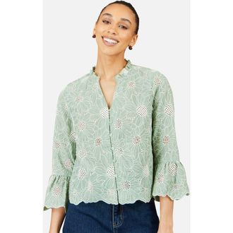 Yumi 100% Cotton 3/4 Sleeve Shirt in Green at Nordstrom, Size 12
