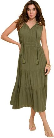 Roaman's Plus Size Hand Crinkled Sleeveless Tiered Maxi Dress in Dark Olive Green at Nordstrom, Size 16
