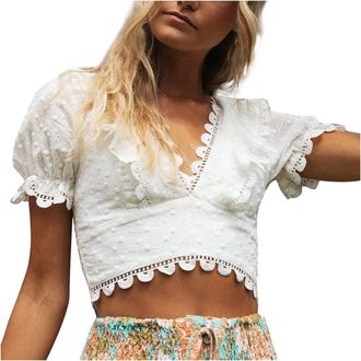 Generic Short-Sleeved Embroidered V-Neck Tops Lace Womens Fashion Casual Straps Womens Blouse Womens Light Blue V Neck (White, M)
