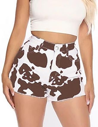 Generic Womens Denim Shorts Cow Print Denim Shorts Mid-High Waisted Ripped Frayed Denim Pants Summer Jean Shorts Distressed Denim Shorts Hot Shorts,Clearance 