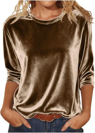 Generic Womens Velvet Tops Casual Loose 3/4 Sleeve Sweatshirts Crew Neck Vintage Blouse Longline Party Tunic Top Cozy Soft Shirts Warm Jumper Sweater Ladies E