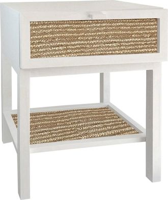 NATYAL Mesita de noche de madera maciza blanca con balda y cajón de yute