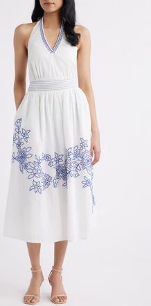 Eliza J Placed Embroidery Halter Neck Cotton Midi Dress in Ivory Blue at Nordstrom, Size 10