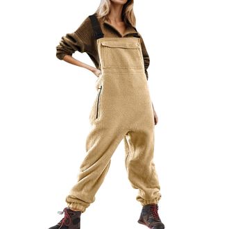 Generic Womens Brushed Overalls Bibs and Adjustable Suspenders with Warm Winter Ski Pants Back Jumpsuit Women (Khaki, L)