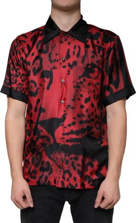 Dolce & Gabbana Mens Red Leopard Silk Button Down Casual Shirt