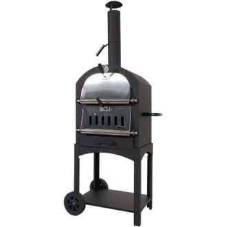 Hhg Non utilizzato] Forno per pizza da giardino doppia griglia pietra refrattaria con ruote HHG 851 166x70x48cm acciaio nero