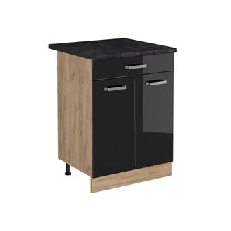 Vicco Mueble Bajo De Cocina R-line, Negro Brillo Intenso/roble Dorado, 60 Cm Con Caj&oacute;n Encimera Antracita, Vicco