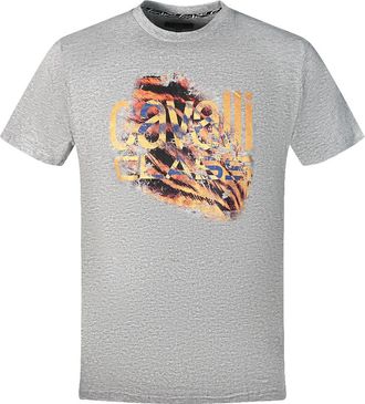 Cavalli Mens Slashed Tiger Print Bold Logo Grey T-Shirt Cotton - Size X-Large