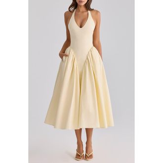 House of CB Marilyn Halter Cotton Blend Midi Sundress in Lemon at Nordstrom, Size X-Small