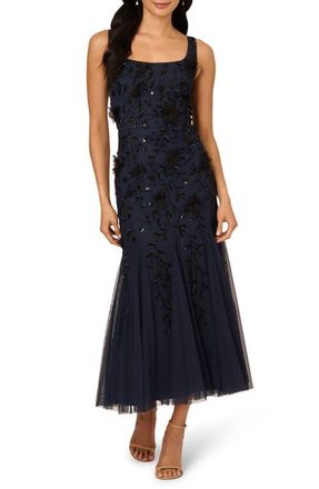 Adrianna Papell Beaded Sleeveless Mermaid Cocktail Dress in Navy Black at Nordstrom, Size 14