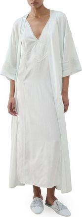 Mango Embroidered Sleeve Satin Robe in Blue at Nordstrom, Size Medium